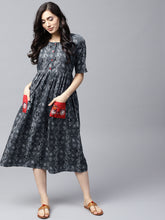 Load image into Gallery viewer, Women Grey Printed Fit and Flare Dress