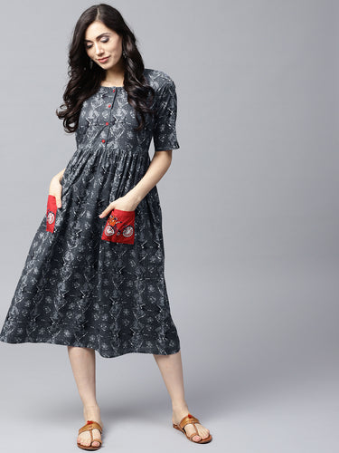 Women Grey Printed Fit and Flare Dress