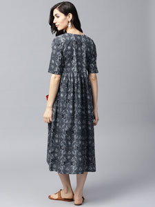 Women Grey Printed Fit and Flare Dress