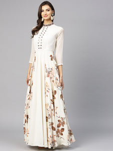 Inddus- Women Off White & Brown Printed Maxi Dress