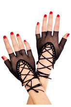 Load image into Gallery viewer, Black-Lace-up-Wrist-Fishnet-Gloves