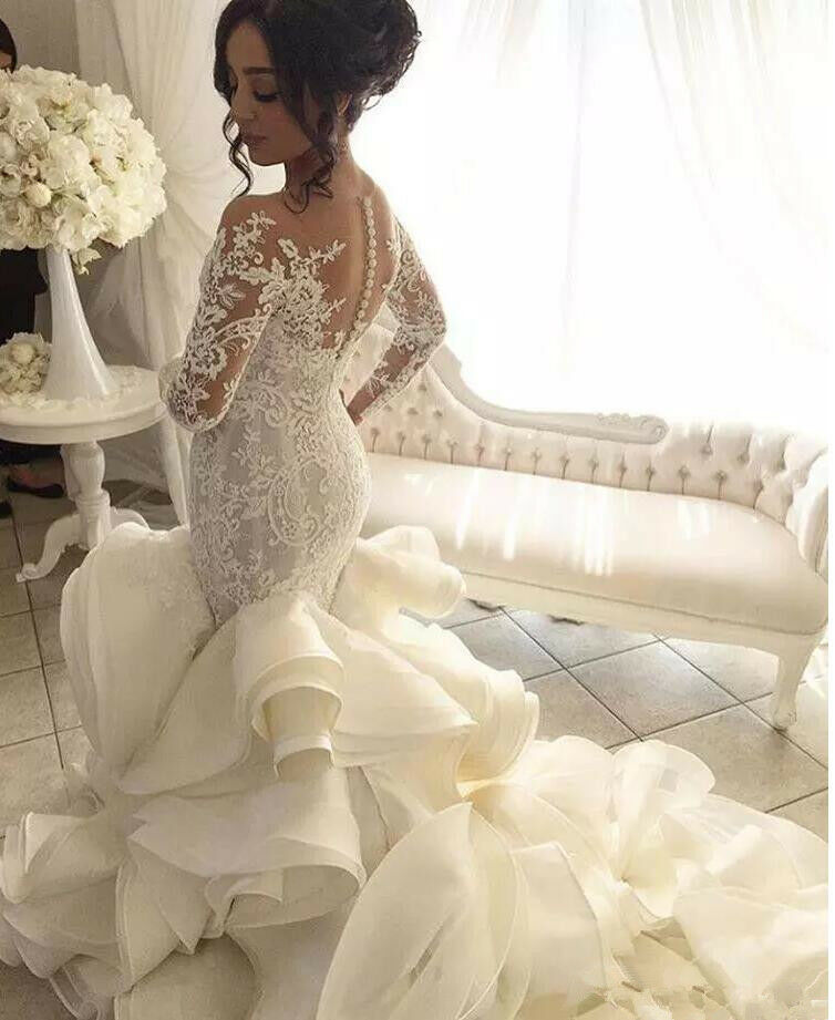 Luxury Big Ball Gown Wedding Dresses with Ruffles,long sleeve bridal gowns