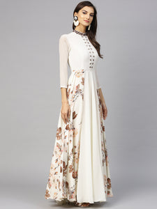 Inddus- Women Off White & Brown Printed Maxi Dress