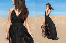 Load image into Gallery viewer, Double Slit Tulle Dress / Tulle And Satin Dress / Sexy Long Dress / Maxi Dress / Womens Dress / Black Dress / Long Dress / Open Back Dress