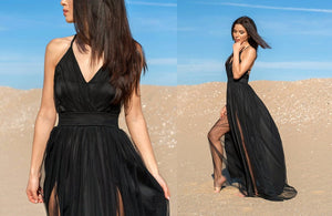 Double Slit Tulle Dress / Tulle And Satin Dress / Sexy Long Dress / Maxi Dress / Womens Dress / Black Dress / Long Dress / Open Back Dress