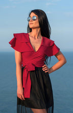 Load image into Gallery viewer, Wrap Crop Top With Belt / Ruffle Sleeve Top / Crop Top / Red Top / Womens Top / Top With Belt / Top For Women / Wrap Top / Tops