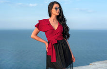 Load image into Gallery viewer, Wrap Crop Top With Belt / Ruffle Sleeve Top / Crop Top / Red Top / Womens Top / Top With Belt / Top For Women / Wrap Top / Tops