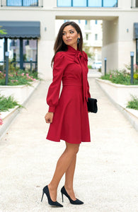 Bow Neckline Knee Length Dress / Long Sleeve Dress / Red Dress / Elegant Dress / Dress To The Knee / Dress for Women / Women's Dresses