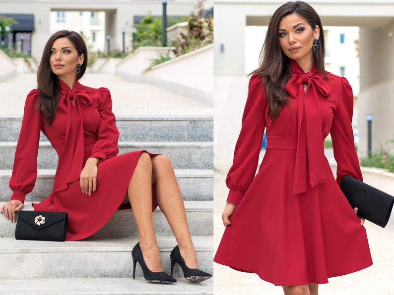 Bow Neckline Knee Length Dress / Long Sleeve Dress / Red Dress / Elega Store of Suhel Bow Neckline Knee Length Dress / Long Sleeve Dress / Red Dress / Elega Store of Suhel