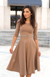 Fit And Flare Midi Dress / Half Sleeves Midi Dress / Beige Dress / Midi Dress For women / Stretchy Dress / Elegant Dress / Midi Dresses