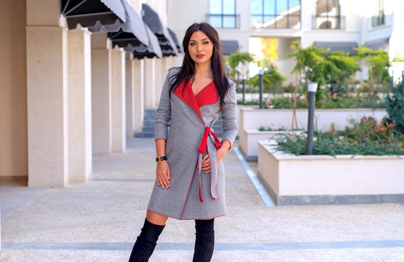 Knitted Wrap Midi Dress / Gray And Red Midi Dress / Winter Dress / Wom Store of Suhel Knitted Wrap Midi Dress / Gray And Red Midi Dress / Winter Dress / Wom Store of Suhel
