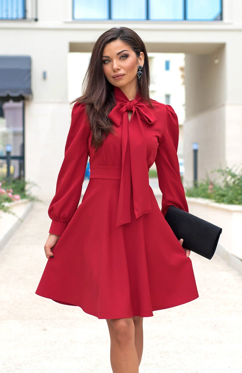 Bow Neckline Knee Length Dress / Long Sleeve Dress / Red Dress / Elega Store of Suhel Bow Neckline Knee Length Dress / Long Sleeve Dress / Red Dress / Elega Store of Suhel