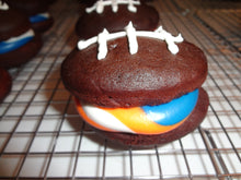 Load image into Gallery viewer, Homemade Chocolate Football Shaped Whoopie Pies With Cream Cheese Filling (1 Dozen)